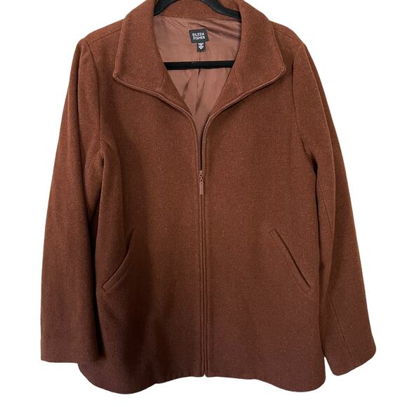 Eileen Fisher Brown Wool Zip Front Quality Jacket Coat Pockets Womens Medium - Picture 2 of 7